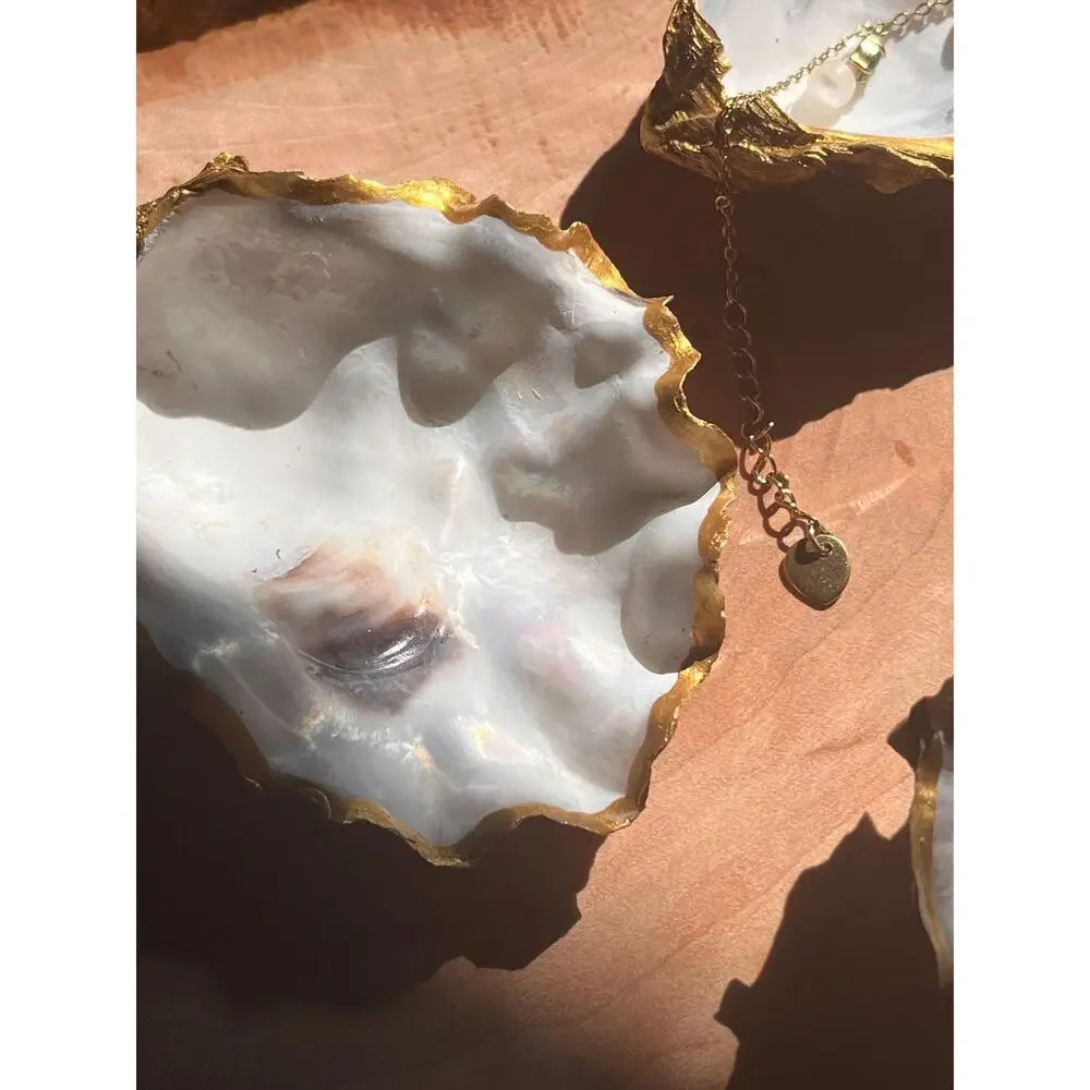 White and Gold Oyster Shell Ring Dish: Coastal Decor Jewelry Holder